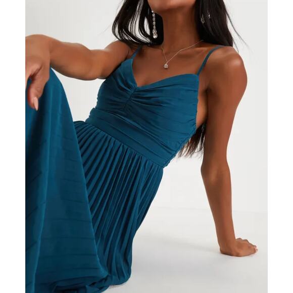 Lulus Sensational Charmer Teal Blue Pleated Sleeveless Maxi Dress Wedding Size M - Picture 5 of 16